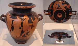 Attic red figure vessels, funerary urn with Helen&rsquo;s abduction by Theseus and Hercules fighting a giant, 500 BC - source Archaeological Museum, Athens